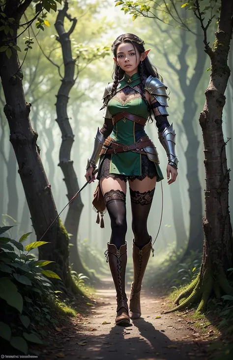 (a high-resolution, realistic) (((Light skinned))) (((black girl))), half-elf druid in the style of Dungeons and Dragons, holding a bow, with the bow drawn and taking aim at an orc. ((The girl is dressed in armor made entirely of leaves)).

Additional deta...