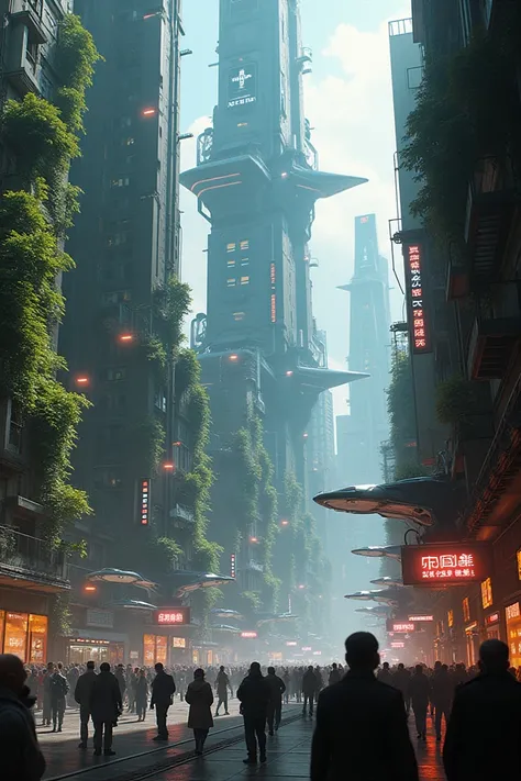 cyberpunk city,  futuristic city ,  cyber city , tall buildings, huge buildings, illuminated buildings , buildings with vegetation, crowd of people, many cars, futuristic cars