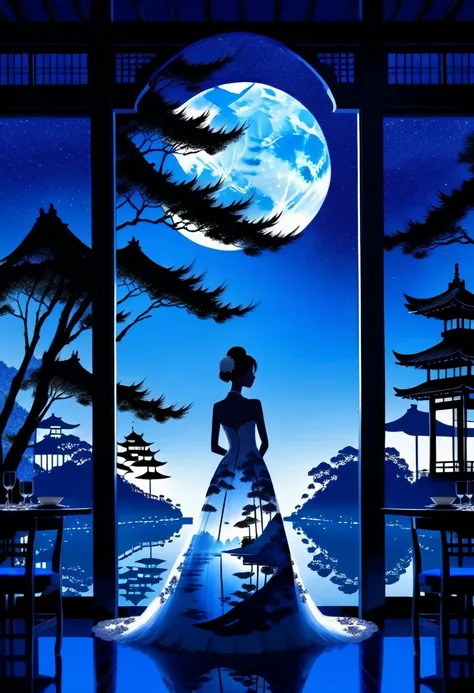 (( Silhouette Art )), 1 bridal gown , (Double Exposure:1.3), Restaurant wedding while looking out at a Japanese garden with bamboo groves, Blue Moon, (close-up), Improve,  complicated, ( best quality, masterpiece,  Representative works ,  Official Art, pro...