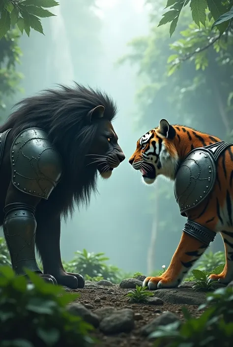 A lion, big, wild, black color, with steel armor ,  In front of him a Tiger with the same size and the same appearance,  in the background a cloud jungle .