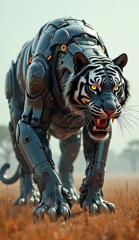  It creates a hyperrealistic animation of a gigantic cybernetic tiger  ,  walking on two legs in a vertical posture ,  with an extremely terrifying robotic design . The tiger must be imposing ,  with a colossal body covered by a futuristic metal armor that...