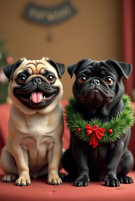 Sand-colored pug with a tongue out and a black pug thinking about food and wearing a Christmas wreath 
