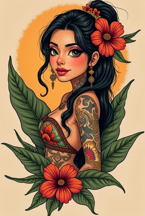 Make me a tattoo design that costa rica girl  and ethnic world cuisine