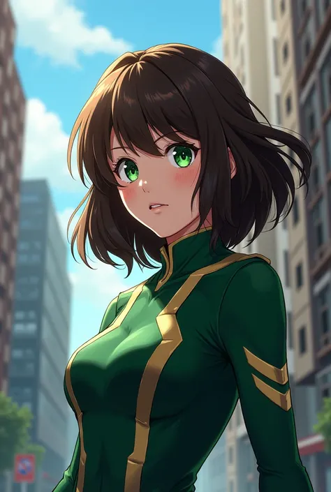 my hero academia girl with shoulder length brown hair with emerald eyes