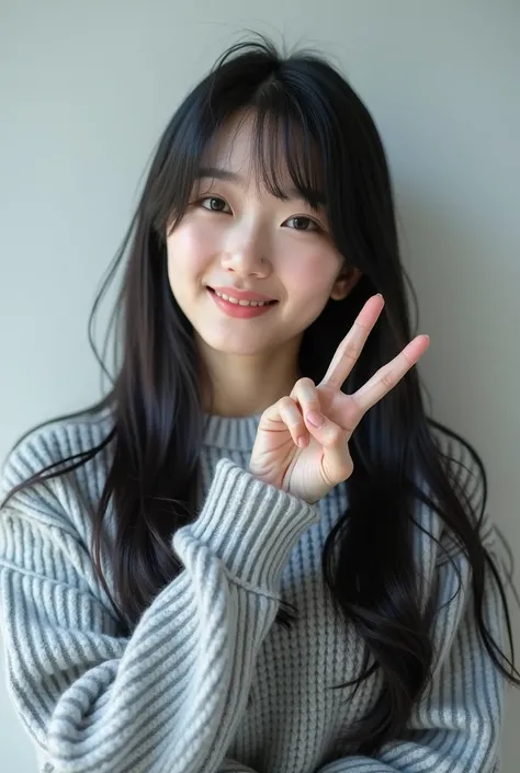  1 girl ,  smiles,  black hair,  close your mouth, bangs,  shortcut,  Big Breasts ,  simple background, modern, Reality,  　 Japanese　Sugar face photo グレーのニット　Peace sign with right hand　 Silver Hair