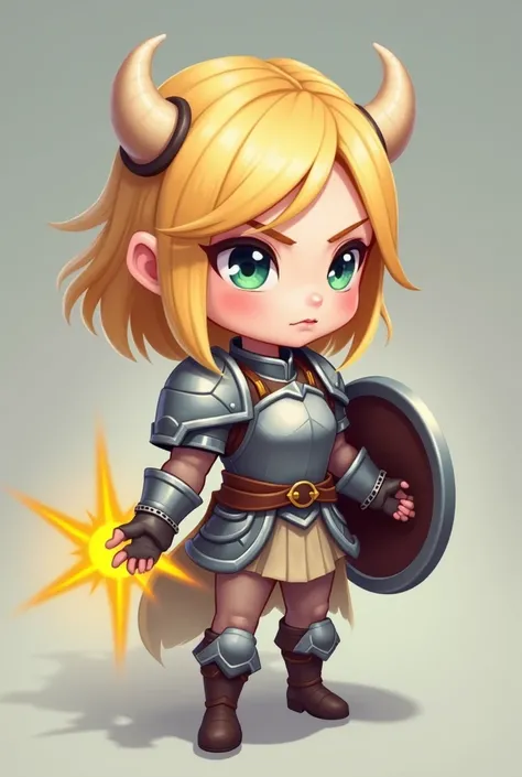 A digital art illustration of a isometric chibi-style female character inspired by classic RPG games, a white girl, about 20 years old, with short blonde hair, she wears metal armor with a shield strapped to her left arm, while her right hand emanates a ye...