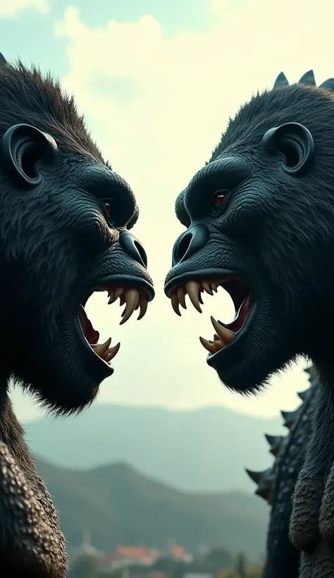 Create an illusionary image of giant Gorilla, who is standing in front of Godzilla face to face, looking into eyes both of them, a zoom image of faces of them, every part of faces are clear and detailed, in a bright day under the sun, very cinematic and cl...