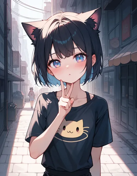 Masterpiece, (best quality), (high quality), dark moder street, 1girl, solo, sexy pose, cool clothes, (young), cute cat mouth shape, shy, v-shaped sign, cat girl, cute girl, best body, blushing, high resolution, 4K, best upscale,