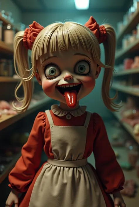 	A 3D-rendered creepy doll-like character inspired by a vintage candy mascot. The character has pigtails tied with ribbons, wearing a red dress and a white apron. Her smile is unnaturally wide, with a long, glossy tongue sticking out. The eyes are oversize...