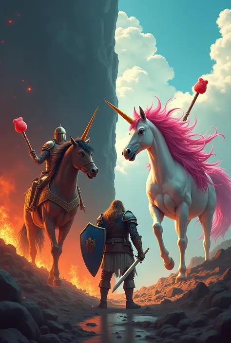  A hell on the left with fire ,  with knights shielded with swords , a man with a shield and a beard hitting a unicorn in a paradise on the right with gummy bears and sweet, angry cuddly weapons, Im going to fight with the unicorn
