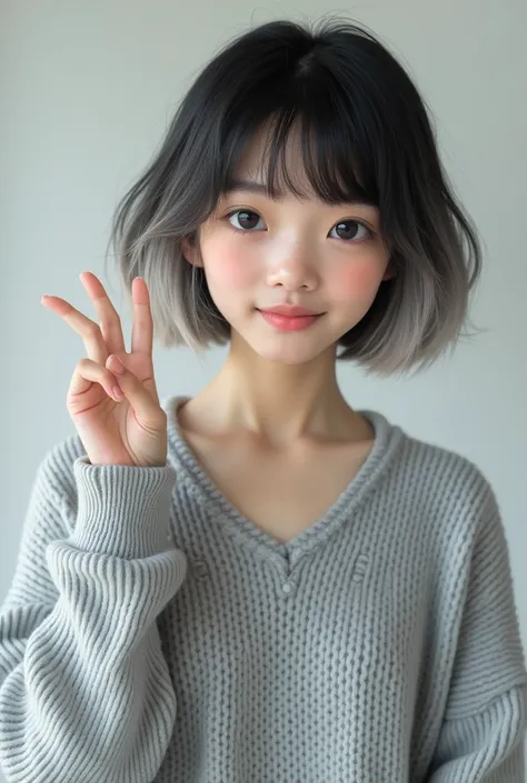  1 girl ,  smiles,  black hair,  close your mouth, bangs,  shortcut,  Big Breasts ,  simple background, modern, Reality,  　 Japanese　Sugar face photo グレーのニット　Peace sign with right hand　 Silver Hair ボブ