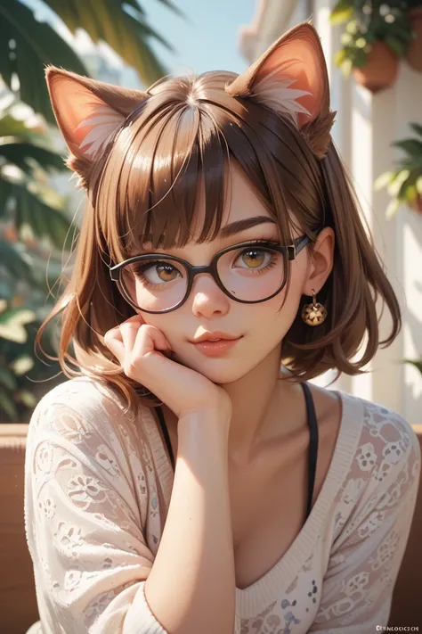 1 girl, glasses, brown hair, with cat