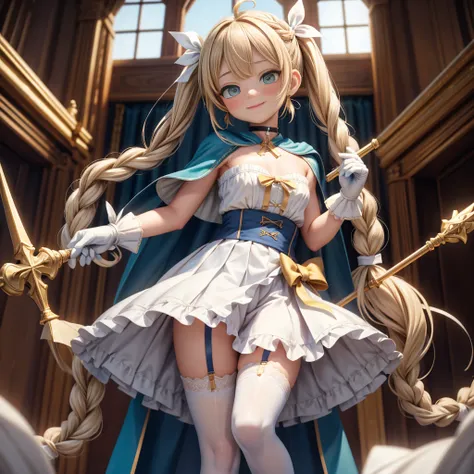 {{{masterpiece}}}, {{{ best quality}}}, {{ super detailed}}, {Illustration}, {{ very delicate and beautiful }}, girl, alone, Long Hair, chest,  is watching viewers, bangs,  skirt,  blonde hair , big chest background , Thighs, Gloves, bow, ribbon, holding, ...