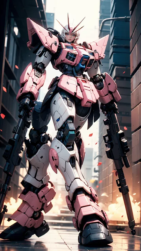 Robot with a gun and a picture of a gun, Streamlined pink armor, modern Mecha anime, cool Mecha style, female Mecha, Gundam Armor, Mobile Suit, アニメ Mecha アーマー, # Mecha, 妨害Mecha,  Eva with the first unit in the back ,  anime manga robot !!   anime girl , an...