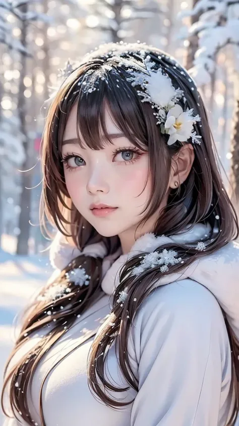 ((snow hair ornament))、snow forest girl,Medium bob hair.brown haired,Beautiful detailed eyes,Beautiful detailed lips,extremely detailed eye and face,longeyelashes,Traditional Illustration,Ultra-detailed,natural,Serene,Winter wonderland,Snowy trees,Sparklin...