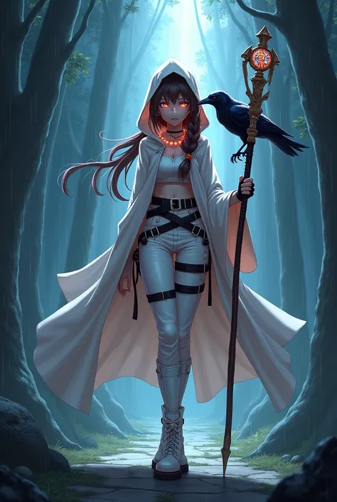 Anime girl who is a ninja mage, a raven sits on her shoulder, long brown hair, one braid in hair, hair tied back, glowing eyes, sharp eyes, small chest, welding bejeweled staff, wear a mage outfit and robes and fingerless gloves, wearing a fine white cloak...