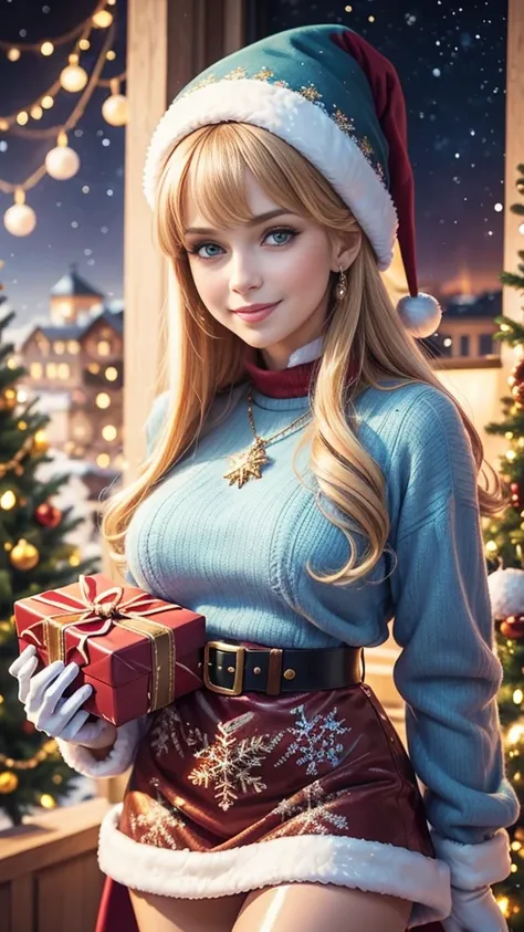 Best quality, detailed acrylic illustration, very sharpen, pastel colors, a beautiful EUROPEAN woman, 35 years old, suspicious expression face, smile, brown eyes, long blonde STRAIGHT hair, BANGS, walking in north pole mountains day SCENARIO, glossy blue C...