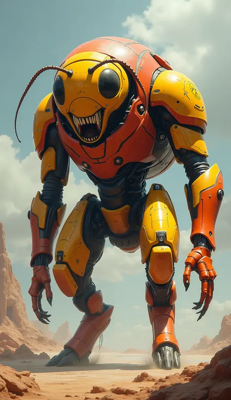 A giant ant wearing yellow and red armor. 