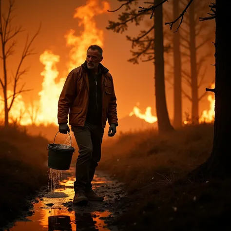 Aerial view of a middle-aged man with a deeply concerned and anxious expression, trying to extinguish a forest fire with a bucket of water amidst a forest engulfed in flames. The forest is in full forest fire with charred trees and ashes flying in the wind...