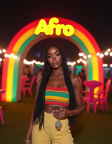 Create SZA, 27 years old, angelic face, textured Greek nose, very long braids black hair, thin eyebrows, cat eyeliner, gloss on cheekbones, defined jawline, amber eyes, dimples on cheeks, glossy lips,  Gravida She wears a colorful cropped ,  with red strip...