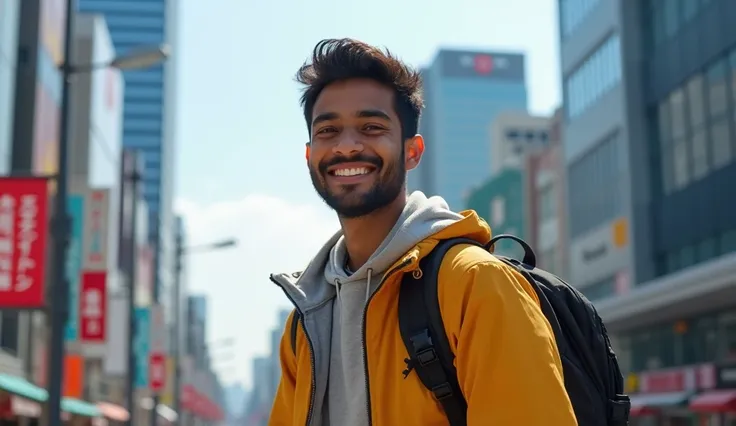 18 years old dark skined indian boy cheerful portrait with on Japanese city street, looking at camera, traveling outfits, capture the wide  background city vibes with skyscrapers