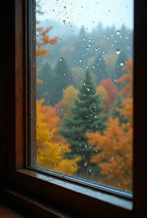 {{{masterpiece}, {extremely detailed CG unity 8k wallpaper}, finely detail, cinematic lighting, best quality, rain bubbles on window looking out to autumn scenery
