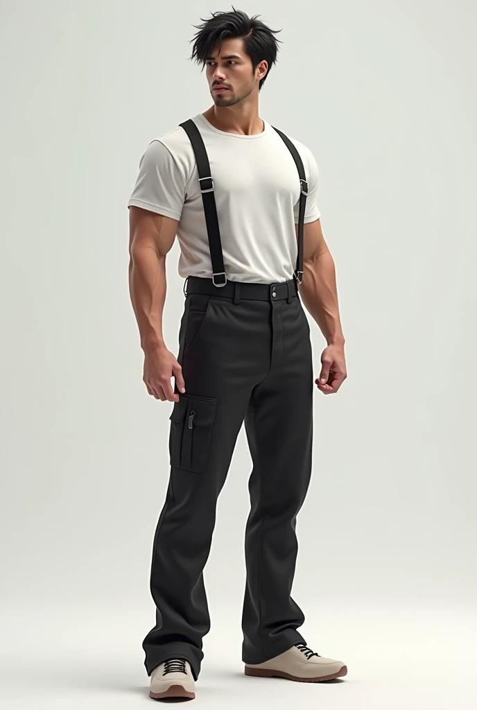 male face,  black hair ,  full body , slightly athletic body , lightweight clothing,  t-shirt and pants with strap, Clothes believer 