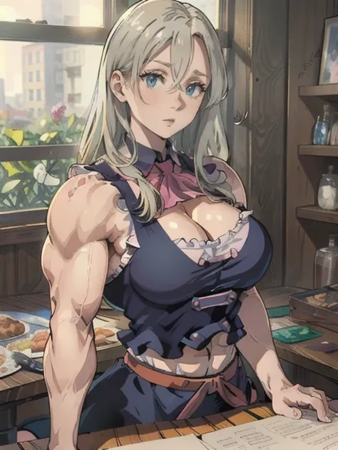 masterpiece, best quality, ultra-detailed, illustration, 1girl, Elizabeth liones, 35 years old,  solo, male gaze, looking at viewer, upper body, depth of field, -bulky- -hypermuscle-, abs, pink waitress uniform, midriff visible, cleavage