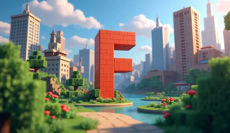 In the middle of a city letter F in the Minecraft 3D style