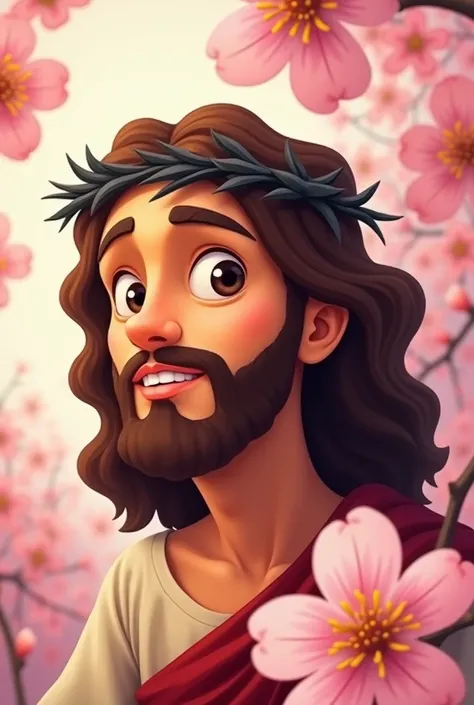 cartoon of Jesus with skin color curly hair with a black crown of thorns and cherry blossoms in the background