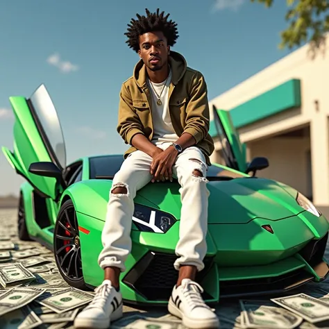 Young black  from the bank sitting on a green Lamborghini, with dollar notes all around 