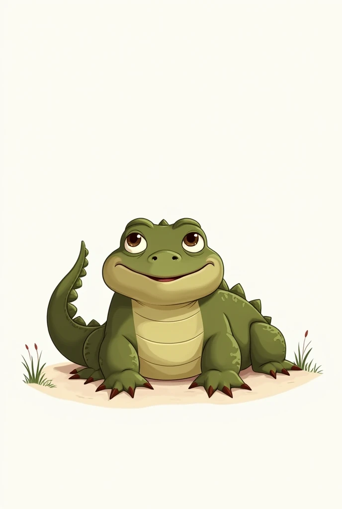 A fat green crocodile lizard sitting on a white cartoon background