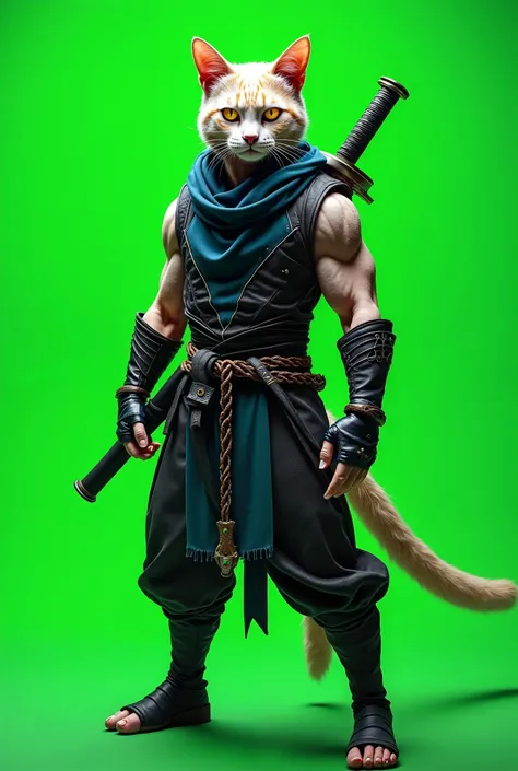 cat, human body, ninja outfit, sword on its back, standing tall. green screen background.