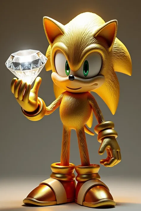 Realistic gold-colored Sonic holding a diamond in his right hand