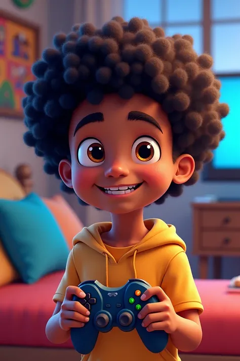 Black boy with curly hair who likes cartoon games