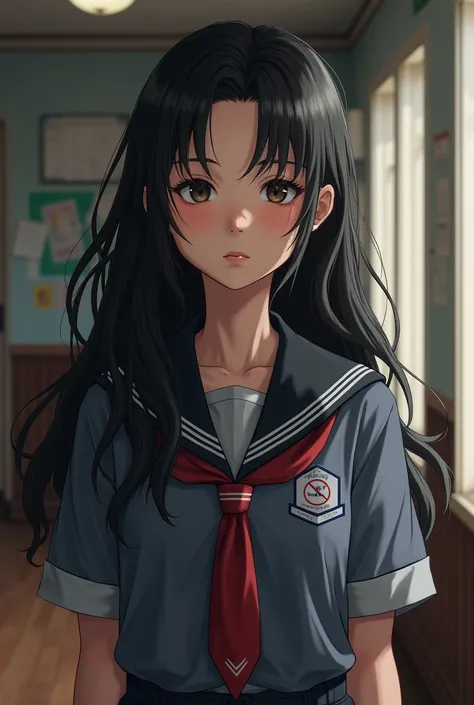  western girl , dark hair, long and wavy, With the uniform of the American school, REALISTIC 