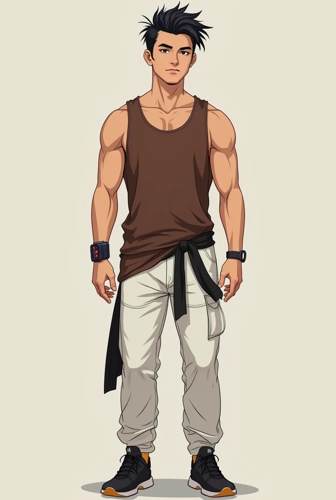 male face,  black hair ,  full body , slightly athletic body , lightweight clothing, brown tank top and white pants with black strap, More or less social clothing