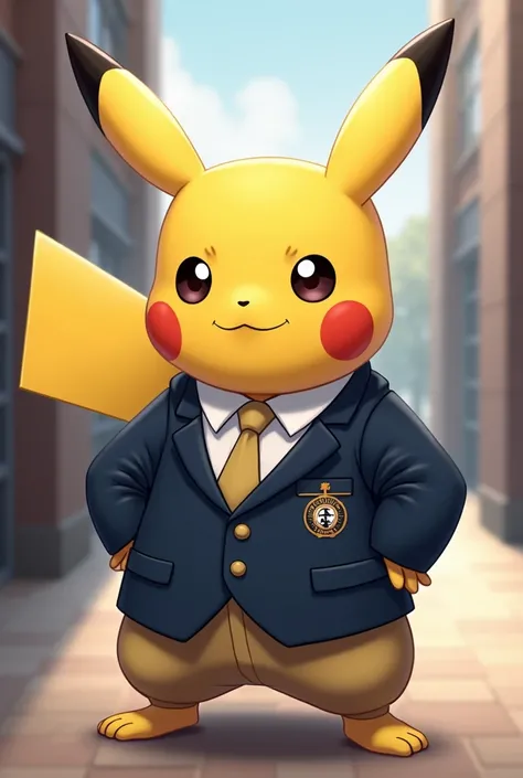 Create an illustration of Pikachu wearing a Senati Institute costume