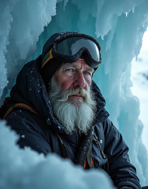 Close-up photo image for sports magazine, mountaineer in professional mountain gear sitting in a frozen grotto of the Matterhorn, has been frozen and covered in snow for years, beard frozen with snow and ice, frozen white skin, very elaborate and detailed,...