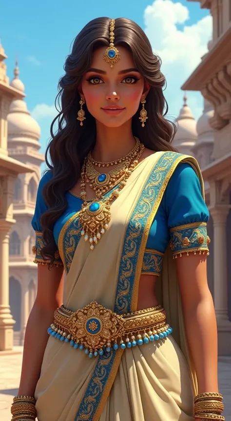 This is a highly detailed, realistic CGI illustration of a young woman of South Asian descent, depicted in a traditional Indian attire. She has a light brown complexion and long, wavy, dark brown hair styled in loose curls that cascade over her shoulders. ...