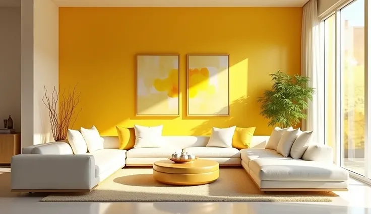  In white, a modern and luxurious living room in yellow   