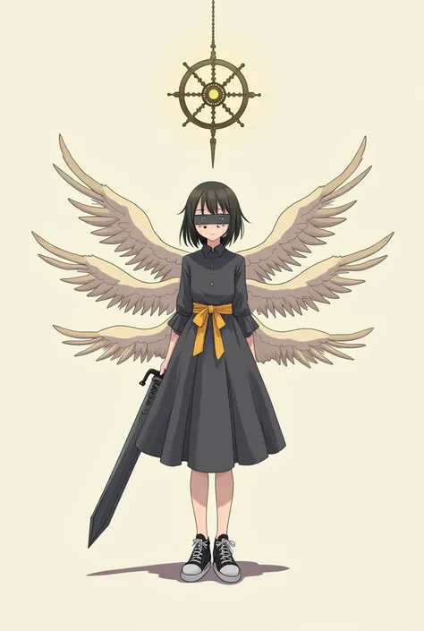  Create an image of a girl with a  body , dark gray dress ,  a gold ribbon around the waist ,  a band covering the eyes , black sneakers,  4 angel wings on the back , a basic medieval sword and a wheel of Dharma floating above your head in the 2D style of ...