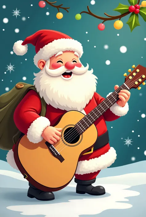 cartoon of Santa Claus with a guitar to be an invitation to a Christmas recital