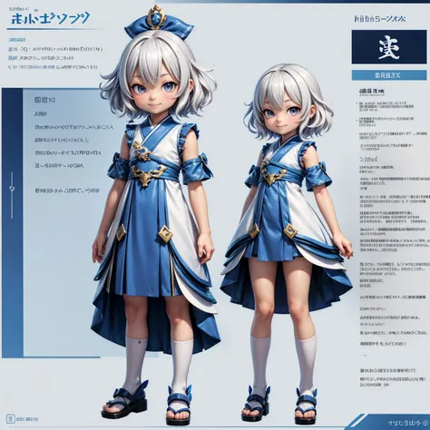 cute Japanese boy in a short Gaming dress , short white frizzy hair  ,  blue dress , Gaming , smile, short dress full straight  standing pose,  student ,  character sheet, whole body,  simple white background ,  character reference sheet,  concept art ,  d...