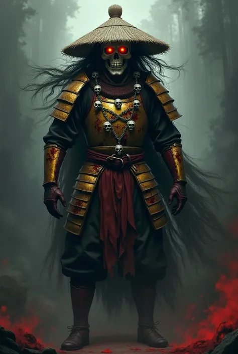 Legendary samurai - big-haired skull in the midst of darkness with sword, skull head necklaces . With golden armor and blood on it
In a straw hat with red eyes 