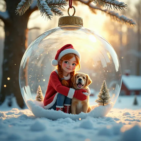 Hyper realistic detailed image. 14yo beautiful sweet smiling Dutch girl with her cute little dog, she has red hair braids, is inside a huge transparent spherical Christmas ball of melting ice hanging from a Christmas tree with Christmas decorations. She is...