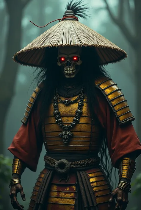 Legendary samurai - big-haired skull in the midst of darkness with sword, skull head necklaces . With golden armor and blood on it
In a straw hat with red eyes 