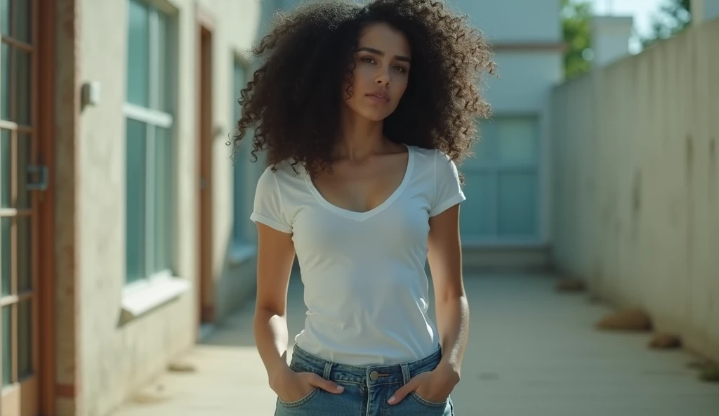 Scenery film shot where a beautiful young woman with black curly hair, white skin, dressed in blue jeans, a tight t-shirt, and sports shoes, in a pose that reflects how conceited she is.