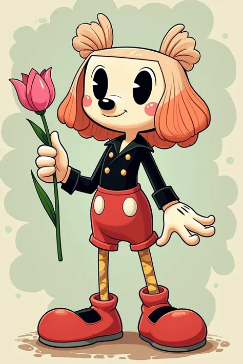 Create me a character with characteristics similar to Cuphead and Mugman that is the same style, but who has squirt hair down, not so long, but that is wavy and that he has a pink tulip in his hand and that he is dressed in aesthetic clothing. 
