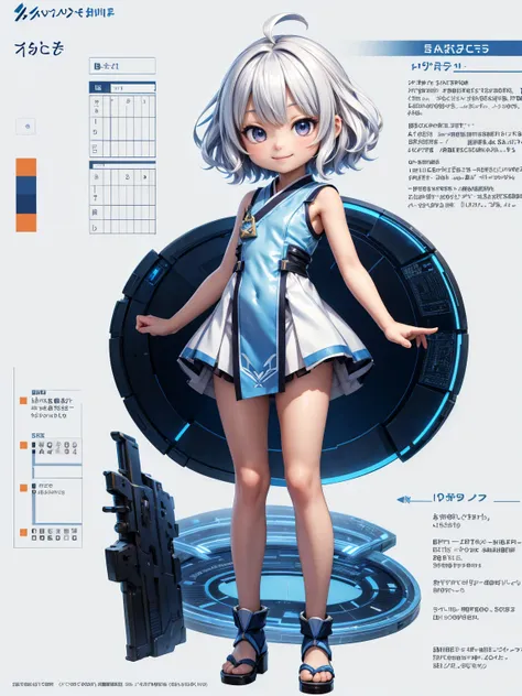 cute Japanese boy in a short Gaming dress , short white frizzy hair  ,  blue dress , Gaming , smile, short dress full straight  standing pose,  student ,  character sheet, whole body,  simple white background ,  character reference sheet,  concept art ,  d...